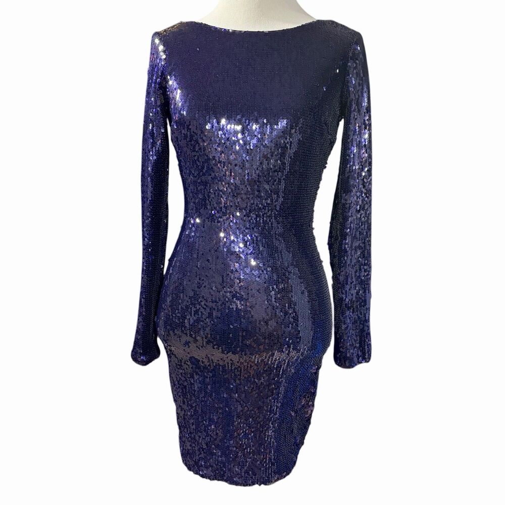 Dress the Population Lola Sequin Dress XS Long Sleeve Bodycon Mini Open Back